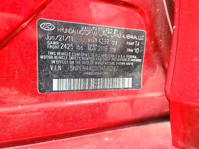 2012 Hyundai Sonata მანქანა იყიდება აუქციონზე, vin: 5NPEB4AC0CH320247, აუქციონის ნომერი: 65905706