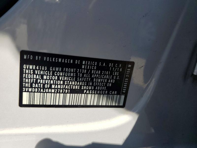 Продажа на аукционе авто 2017 Volkswagen Jetta, vin: 3VWDB7AJ6HM278791, номер лота: 65709396