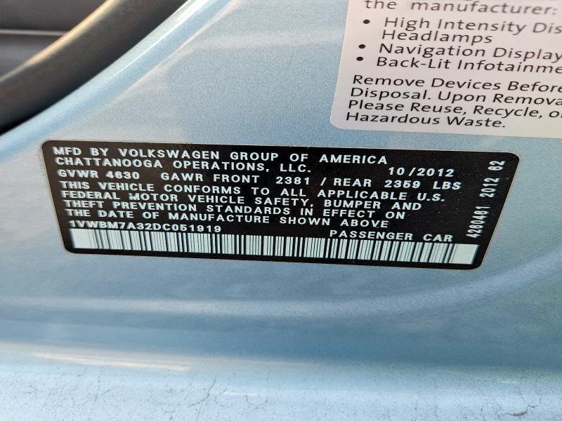 2013 Volkswagen Passat მანქანა იყიდება აუქციონზე, vin: 1VWBM7A32DC051919, აუქციონის ნომერი: 66037516