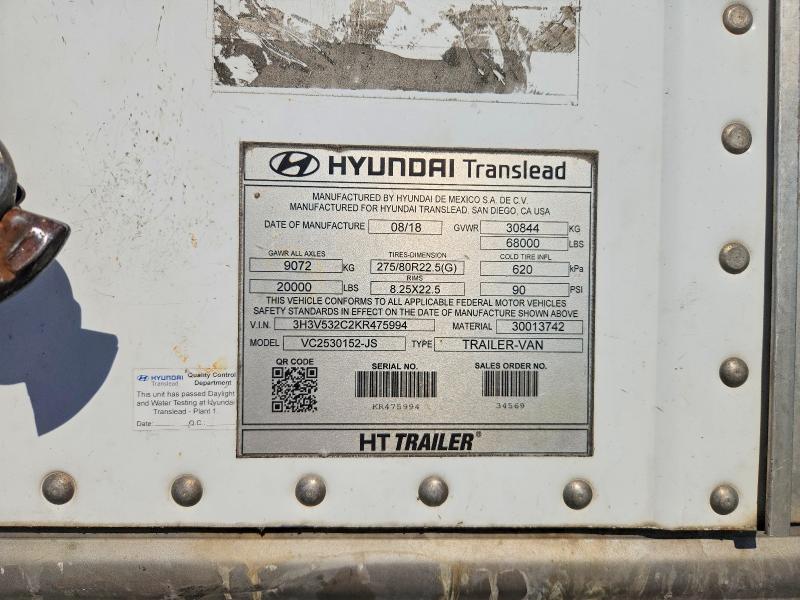 2019 Hyundai Translead Inc Dry Van მანქანა იყიდება აუქციონზე, vin: 3H3V532C2KR475994, აუქციონის ნომერი: 65515376