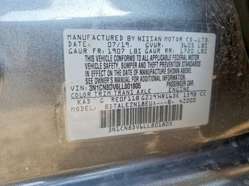 65796346 :رقم المزاد ، 3N1CN8DV6LL801805 vin ، 2020 Nissan Versa مزاد بيع