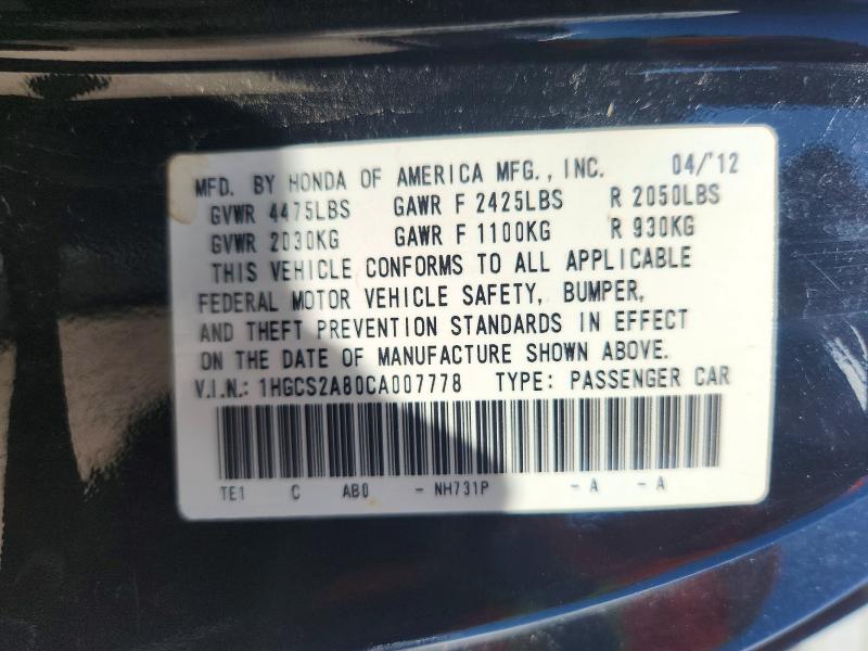 Продажа на аукционе авто 2012 Honda Accord, vin: 1HGCS2A80CA007778, номер лота: 62759116