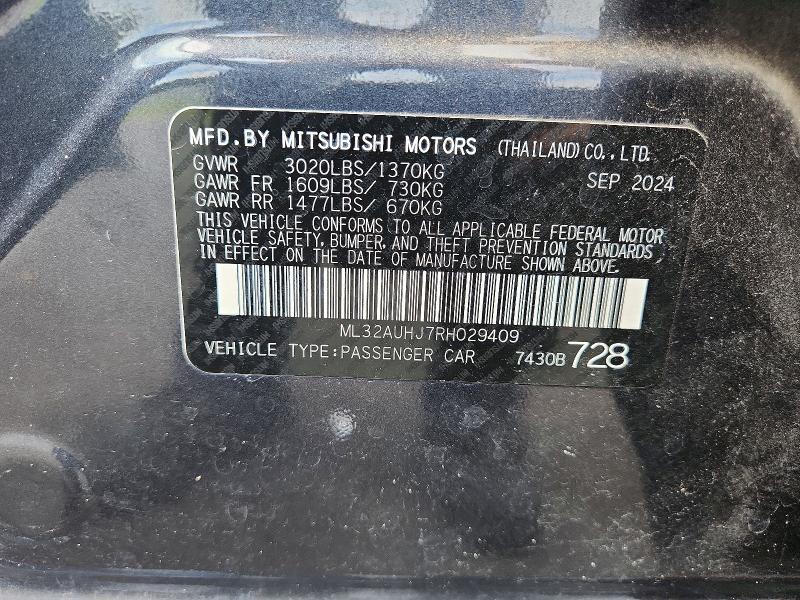 2024 Mitsubishi Mirage მანქანა იყიდება აუქციონზე, vin: ML32AUHJ7RH029409, აუქციონის ნომერი: 64202066