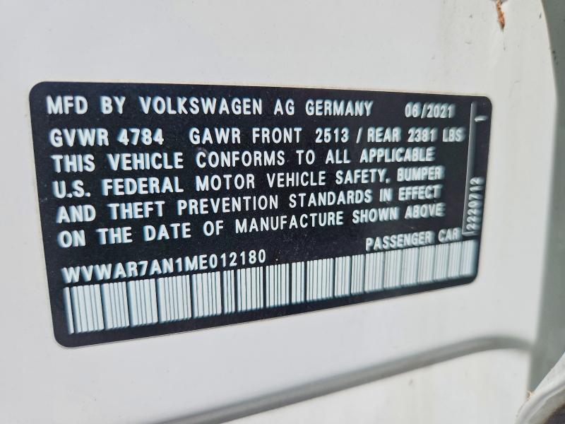 2021 Volkswagen Arteon მანქანა იყიდება აუქციონზე, vin: WVWAR7AN1ME012180, აუქციონის ნომერი: 64144776