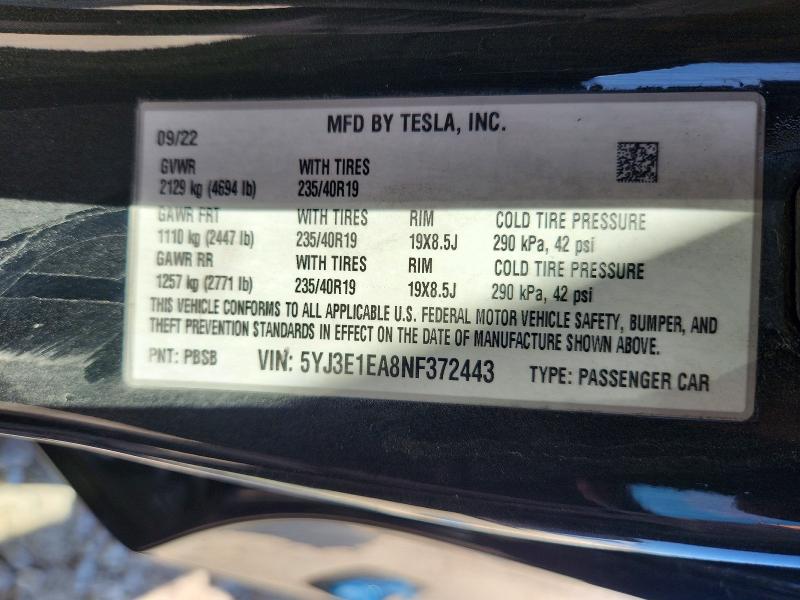 Продажа на аукционе авто 2022 Tesla Model 3, vin: 5YJ3E1EA8NF372443, номер лота: 66504336