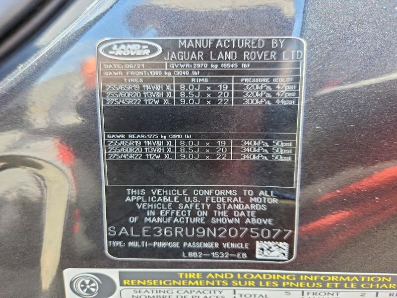 65061896 :رقم المزاد ، SALE36RU9N2075077 vin ، 2022 Land Rover Defender مزاد بيع