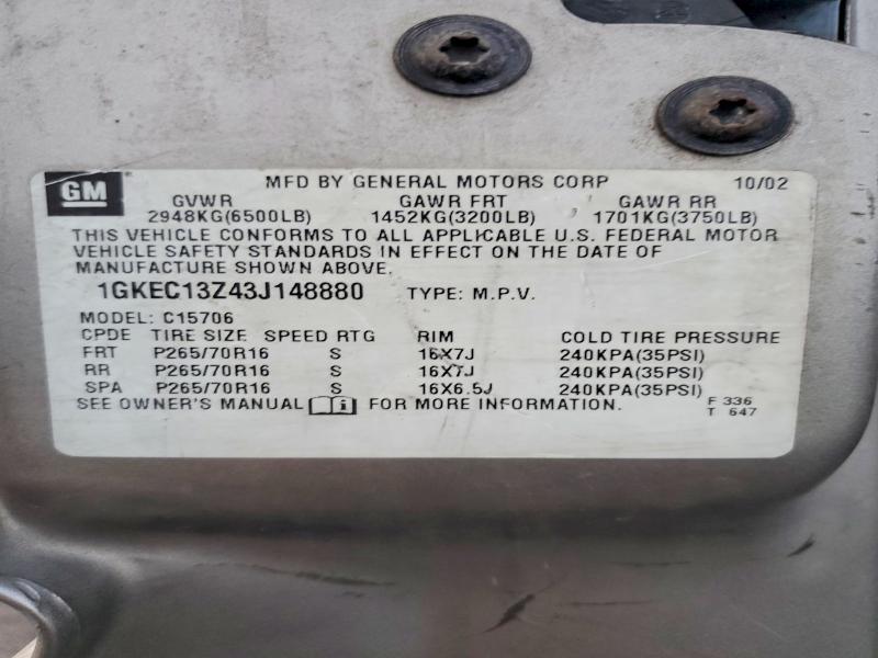 64236896 :رقم المزاد ، 1GKEC13Z43J148880 vin ، 2003 Gmc Yukon مزاد بيع