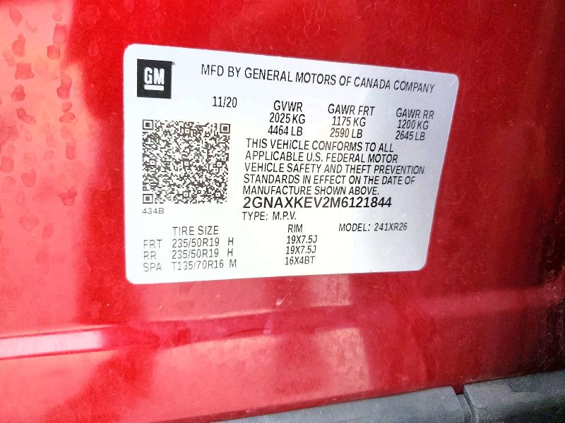 2021 Chevrolet Equinox მანქანა იყიდება აუქციონზე, vin: 2GNAXKEV2M6121844, აუქციონის ნომერი: 65445626