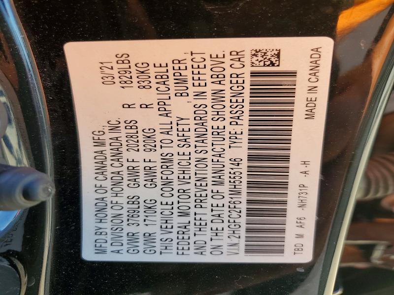 Продаж на аукціоні авто 2021 Honda Civic, vin: 2HGFC2F61MH555146, номер лоту: 64648606