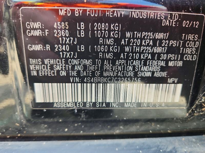 66243106 :رقم المزاد ، 4S4BRBKC7C3265756 vin ، 2012 Subaru Outback مزاد بيع