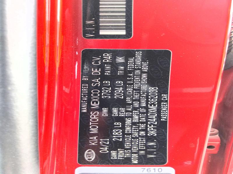 Aukcja sprzedaży 2021 Kia Forte, vin: 3KPF24ADXME362038, numer aukcji: 66244496
