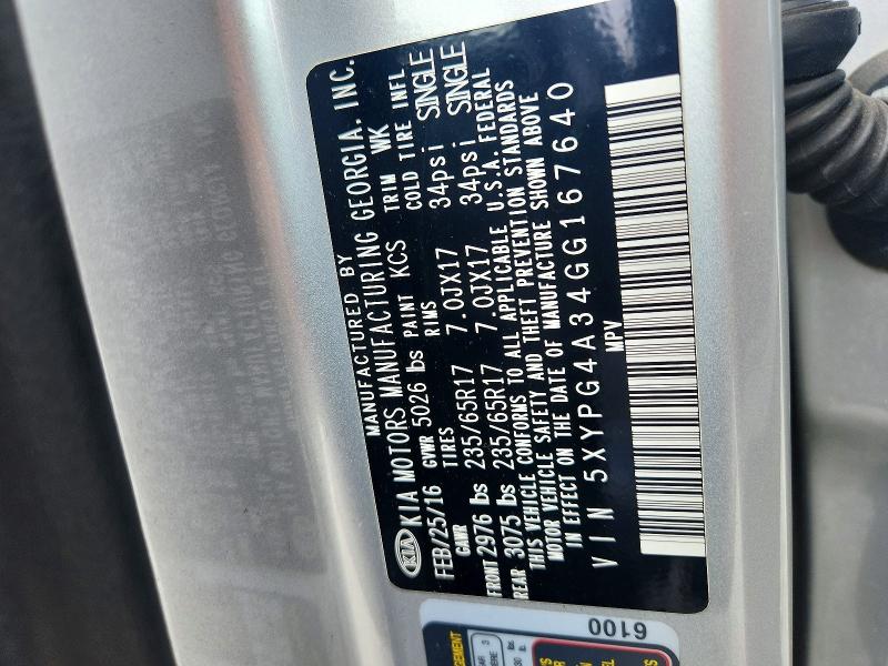 64697816 :رقم المزاد ، 5XYPG4A34GG167640 vin ، 2016 Kia Sorento مزاد بيع