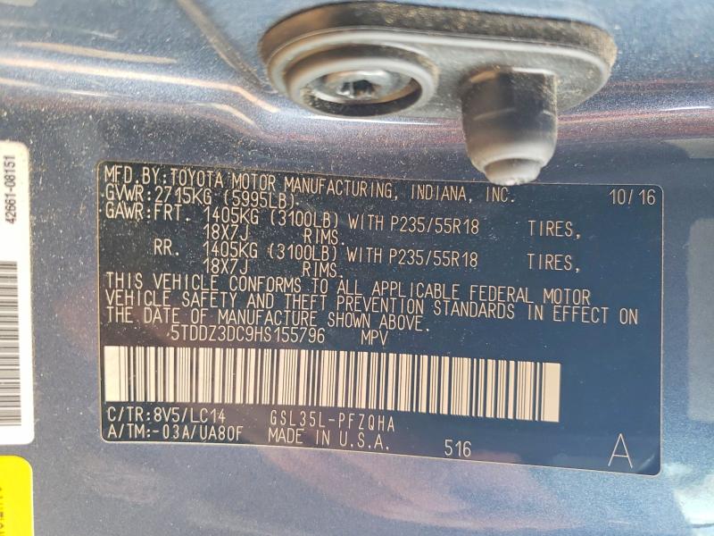 2017 Toyota Sienna მანქანა იყიდება აუქციონზე, vin: 5TDDZ3DC9HS155796, აუქციონის ნომერი: 63894966