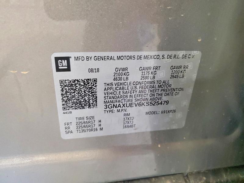 2019 Chevrolet Equinox მანქანა იყიდება აუქციონზე, vin: 3GNAXUEV6KS525479, აუქციონის ნომერი: 65134776