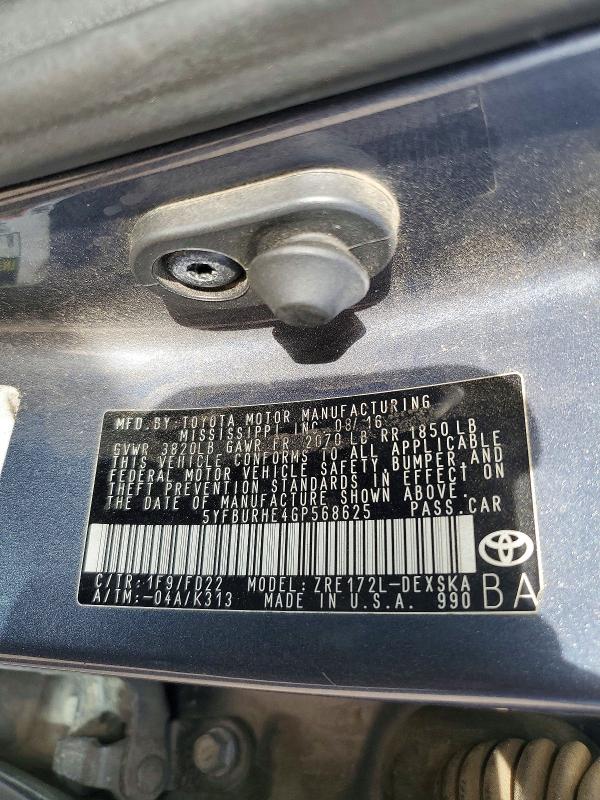 Aukcja sprzedaży 2016 Toyota Corolla, vin: 5YFBURHE4GP568625, numer aukcji: 65835376