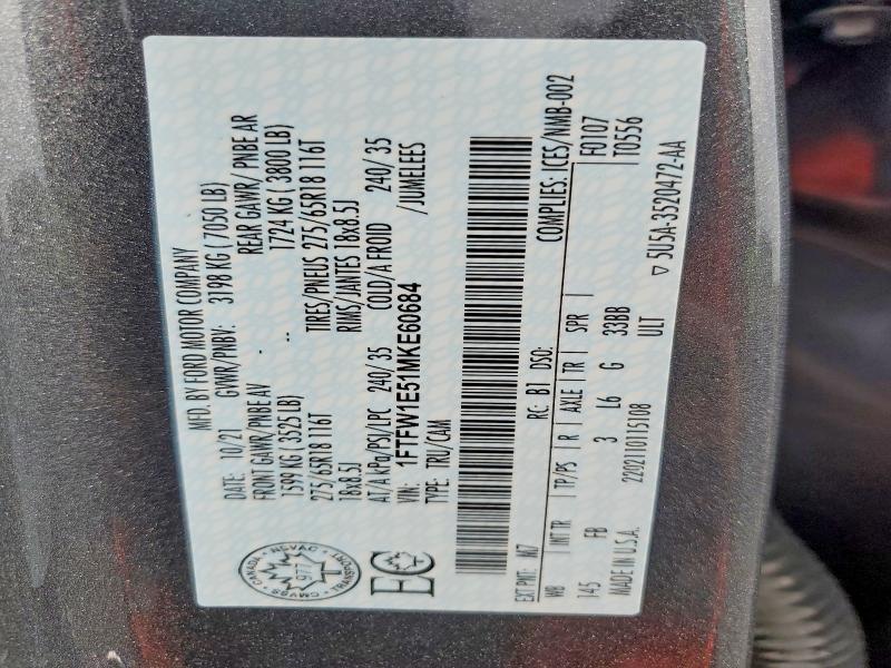 Продаж на аукціоні авто 2021 Ford F150, vin: 1FTFW1E51MKE60684, номер лоту: 64969106