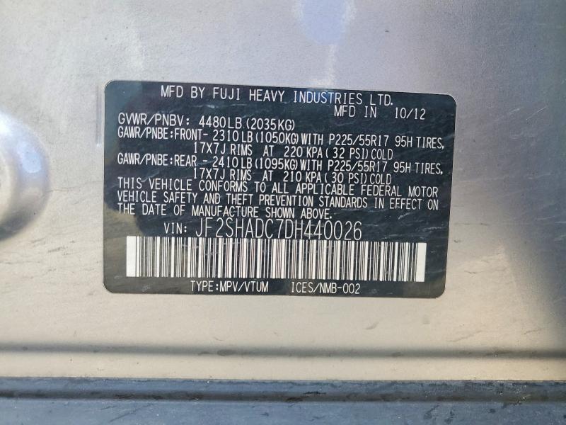 2013 Subaru Forester მანქანა იყიდება აუქციონზე, vin: JF2SHADC7DH440026, აუქციონის ნომერი: 66910706