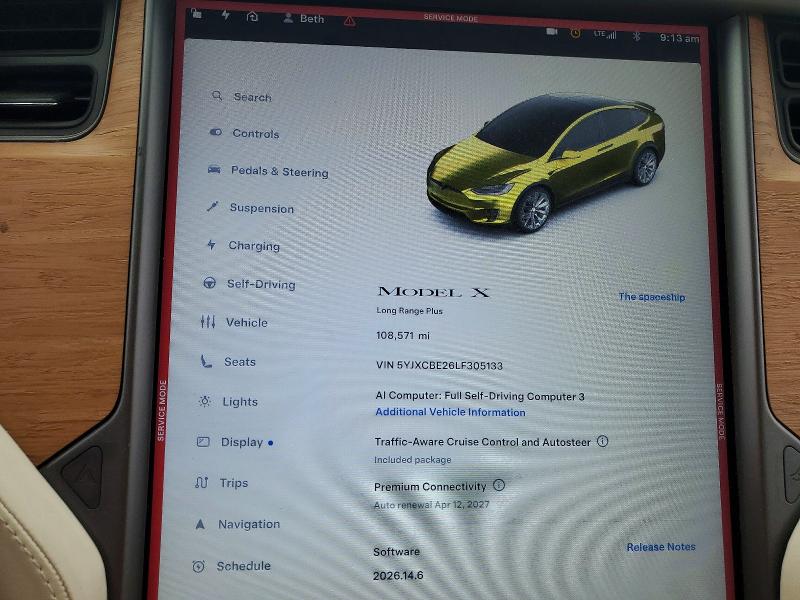 65403666 :رقم المزاد ، 5YJXCBE26LF305133 vin ، 2020 Tesla Model X مزاد بيع