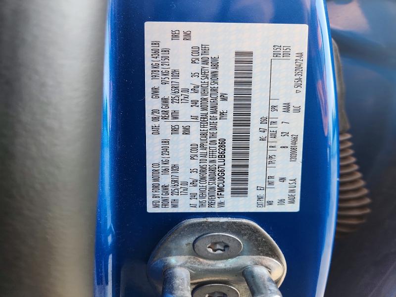 2020 Ford Escape მანქანა იყიდება აუქციონზე, vin: 1FMCU0G67LUB62860, აუქციონის ნომერი: 64119806