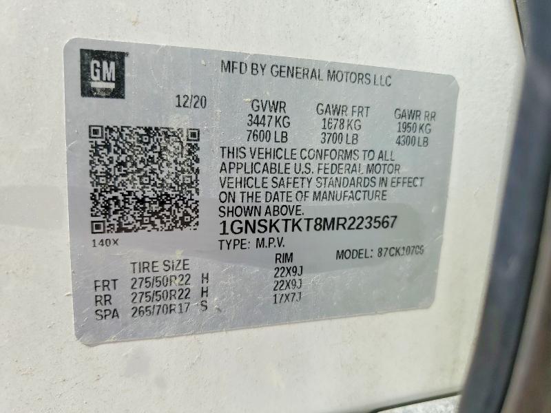 Продаж на аукціоні авто 2021 Chevrolet Tahoe, vin: 1GNSKTKT8MR223567, номер лоту: 63636876