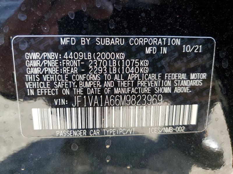 Продаж на аукціоні авто 2021 Subaru Wrx, vin: JF1VA1A66M9823969, номер лоту: 66412636