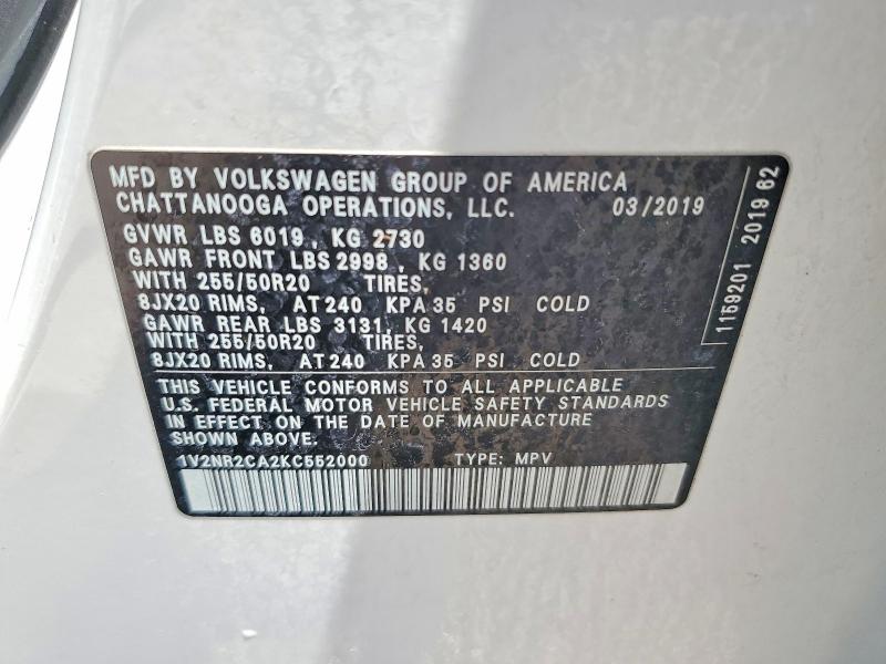 2019 Volkswagen Atlas მანქანა იყიდება აუქციონზე, vin: 1V2NR2CA2KC552000, აუქციონის ნომერი: 66243466