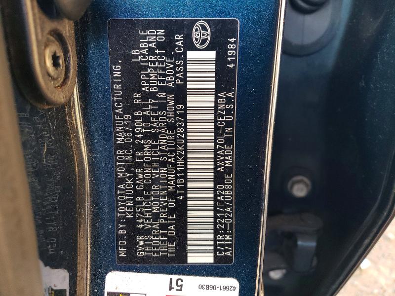 2019 Toyota Camry მანქანა იყიდება აუქციონზე, vin: 4T1B11HK2KU283719, აუქციონის ნომერი: 64927216