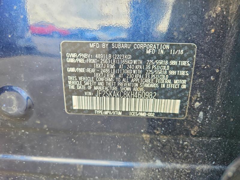 2019 Subaru Forester მანქანა იყიდება აუქციონზე, vin: JF2SKAKC8KH460982, აუქციონის ნომერი: 62635026