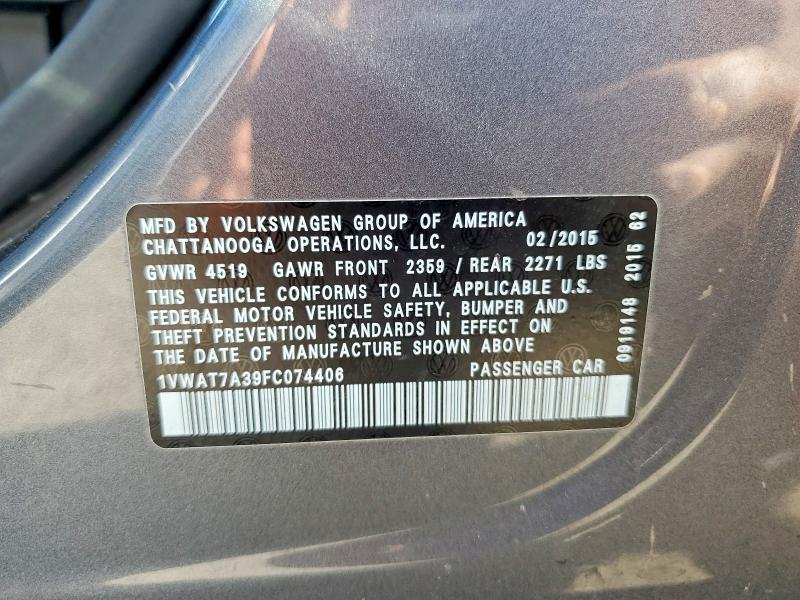 2015 Volkswagen Passat მანქანა იყიდება აუქციონზე, vin: 1VWAT7A39FC074406, აუქციონის ნომერი: 63433946
