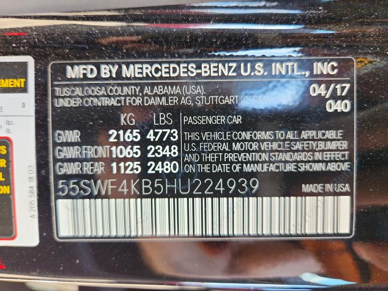 63711066 :رقم المزاد ، 55SWF4KB5HU224939 vin ، 2017 Mercedes-benz C مزاد بيع
