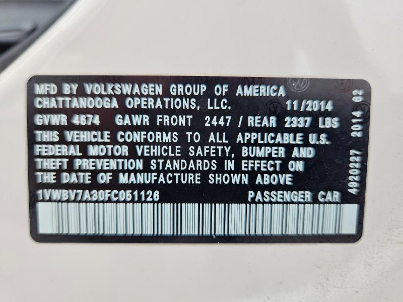 64229236 :رقم المزاد ، 1VWBV7A30FC051126 vin ، 2015 Volkswagen Passat مزاد بيع