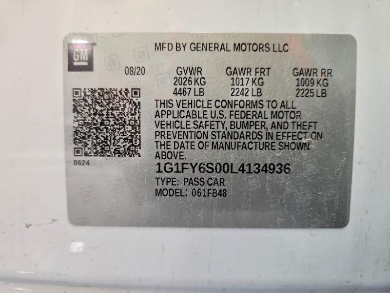 2020 Chevrolet Bolt Ev მანქანა იყიდება აუქციონზე, vin: 1G1FY6S00L4134936, აუქციონის ნომერი: 66091946