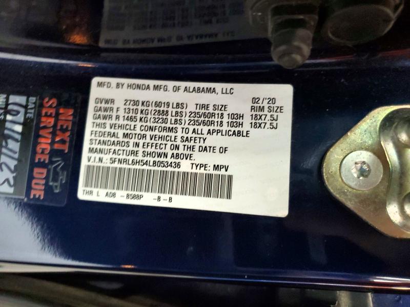 2020 Honda Odyssey მანქანა იყიდება აუქციონზე, vin: 5FNRL6H54LB053436, აუქციონის ნომერი: 60879666