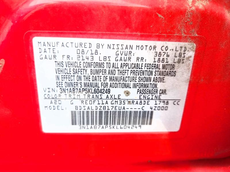 66936626 :رقم المزاد ، 3N1AB7AP5KL604249 vin ، 2019 Nissan Sentra مزاد بيع