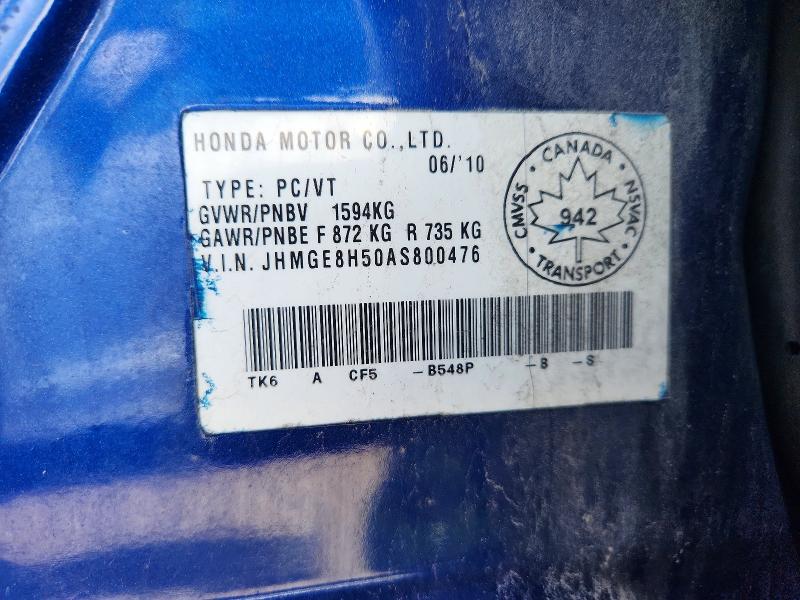 2010 Honda Fit მანქანა იყიდება აუქციონზე, vin: JHMGE8H50AS800476, აუქციონის ნომერი: 66437306
