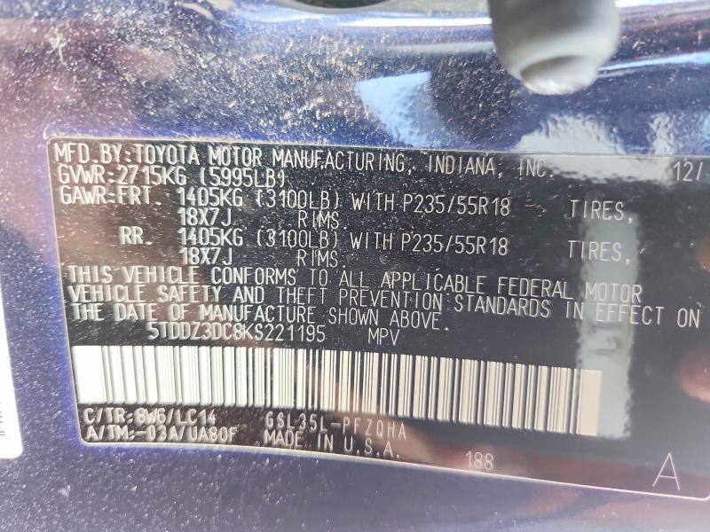 Aukcja sprzedaży 2019 Toyota Sienna, vin: 5TDDZ3DC8KS221195, numer aukcji: 65893786