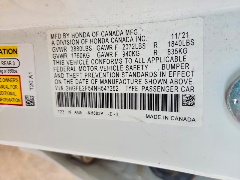 2022 Honda Civic მანქანა იყიდება აუქციონზე, vin: 2HGFE2F54NH547352, აუქციონის ნომერი: 64267876