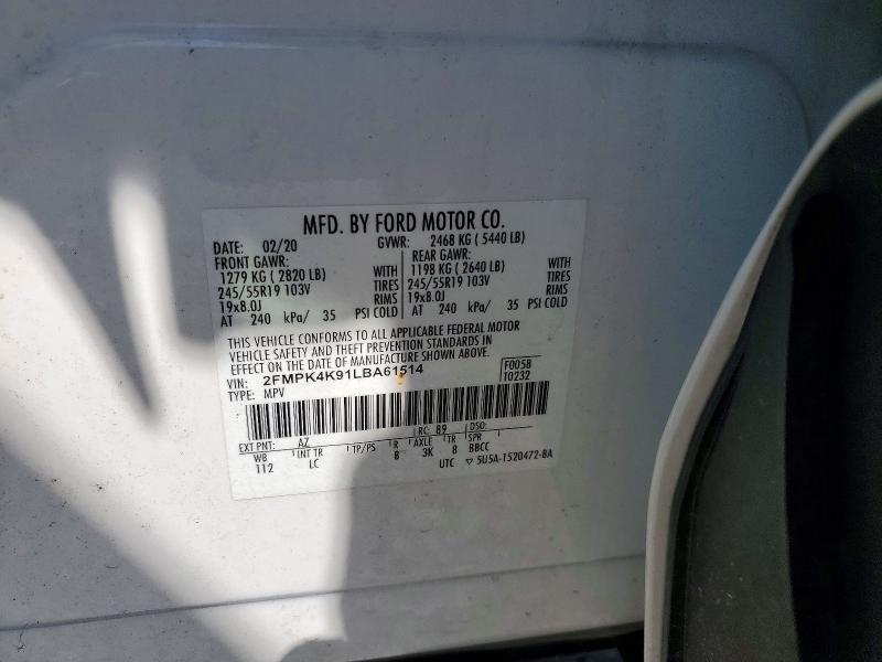 2020 Ford Edge მანქანა იყიდება აუქციონზე, vin: 2FMPK4K91LBA61514, აუქციონის ნომერი: 66201176