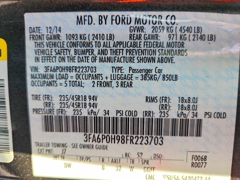 2015 Ford Fusion მანქანა იყიდება აუქციონზე, vin: 3FA6P0H98FR223703, აუქციონის ნომერი: 62638306