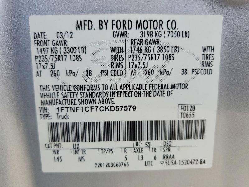 Aukcja sprzedaży 2012 Ford F150, vin: 1FTNF1CF7CKD57579, numer aukcji: 65010146