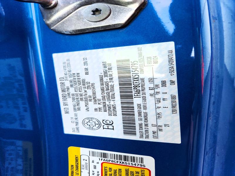 2019 Ford Mustang მანქანა იყიდება აუქციონზე, vin: 1FA6P8CFXK5154795, აუქციონის ნომერი: 67076246