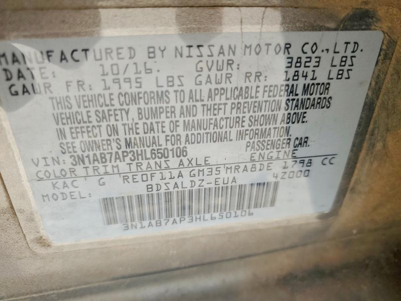 64788706 :رقم المزاد ، 3N1AB7AP3HL650106 vin ، 2017 Nissan Sentra مزاد بيع
