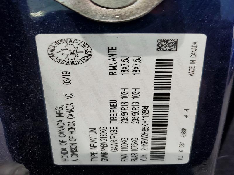 62065796 :رقم المزاد ، 2HKRW2H85KH118594 vin ، 2019 Honda Cr-v مزاد بيع