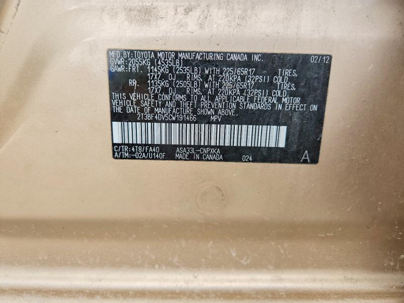 Aukcja sprzedaży 2012 Toyota Rav4, vin: 2T3BF4DV5CW191466, numer aukcji: 66291006