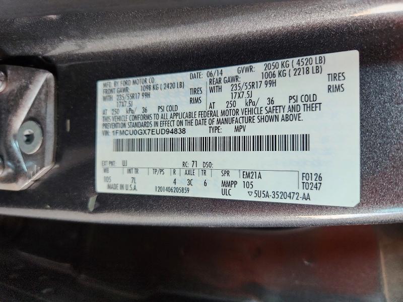 63834326 :رقم المزاد ، 1FMCU0GX7EUD94838 vin ، 2014 Ford Escape مزاد بيع