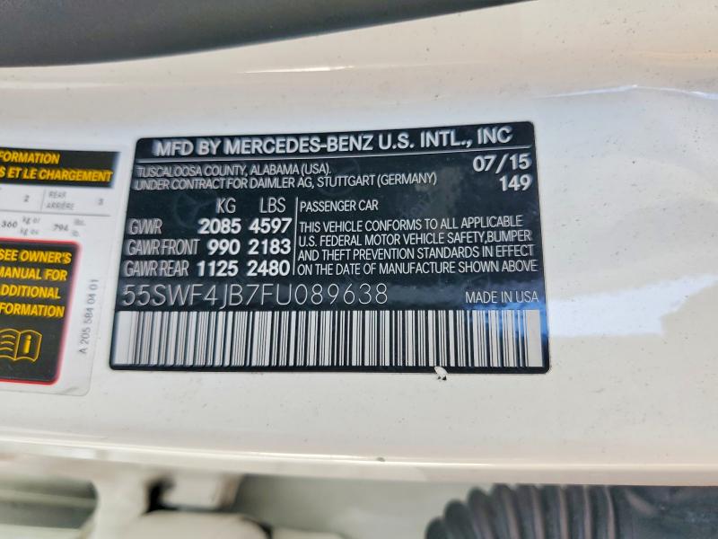2015 Mercedes-benz C მანქანა იყიდება აუქციონზე, vin: 55SWF4JB7FU089638, აუქციონის ნომერი: 66128446