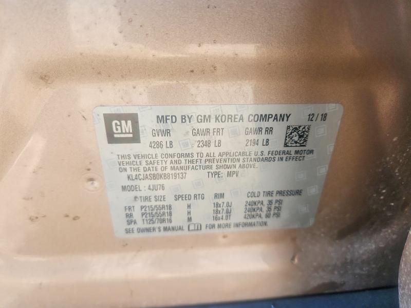 2019 Buick Encore მანქანა იყიდება აუქციონზე, vin: KL4CJASB0KB819137, აუქციონის ნომერი: 64010546