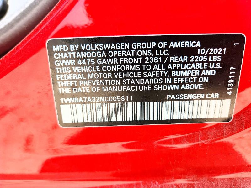 Продажа на аукционе авто 2022 Volkswagen Passat, vin: 1VWBA7A32NC005811, номер лота: 63603356