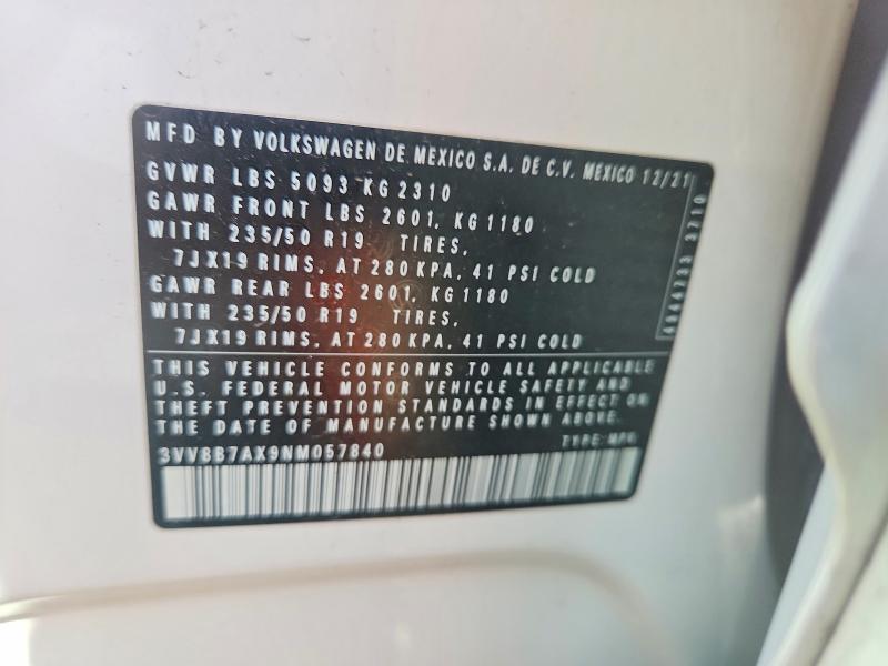62019006 :رقم المزاد ، 3VV8B7AX9NM057840 vin ، 2022 Volkswagen Tiguan مزاد بيع