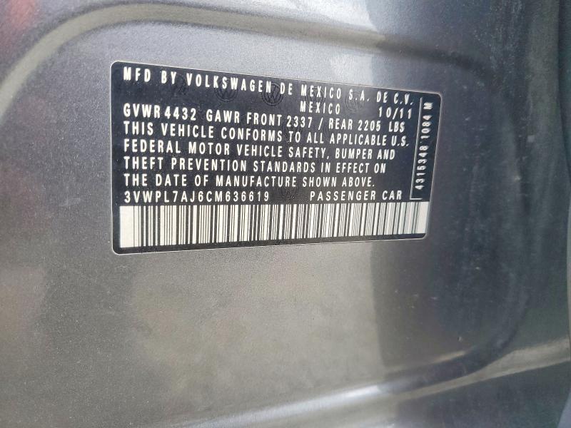 66837326 :رقم المزاد ، 3VWPL7AJ6CM636619 vin ، 2012 Volkswagen Jetta مزاد بيع